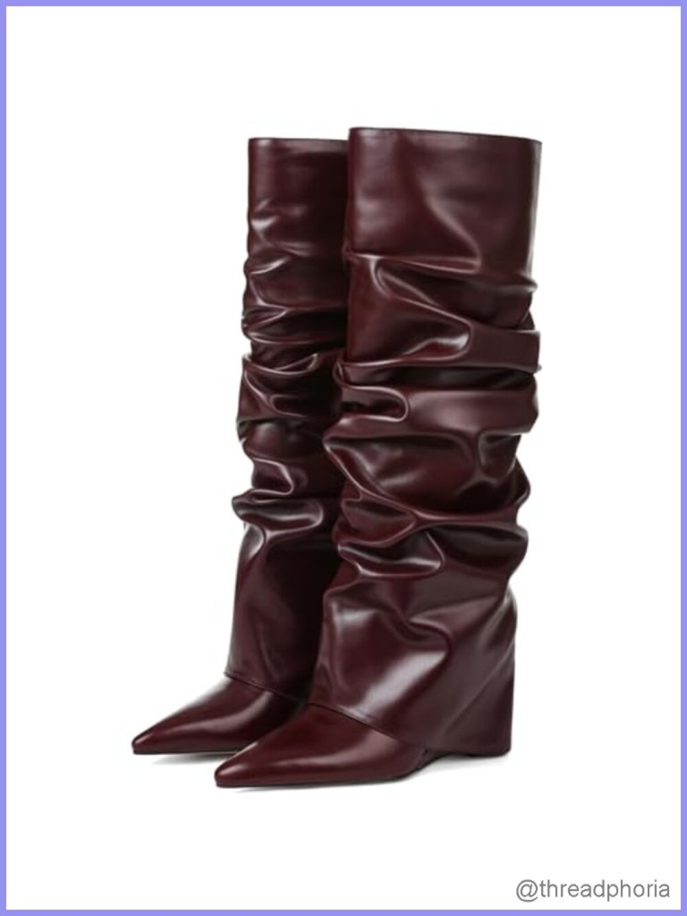 Faux Leather Fold Over Knee High Wedge Boots Wide Calf Slouchy